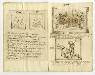 135551 Afbeelding van vier schilderijen met geschreven commentaar.